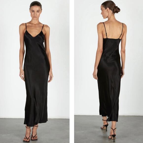 ENZA COSTA Satin Bias Slip Dress Womens XL Black Maxi V-neck Spaghetti Strap - Picture 1 of 16